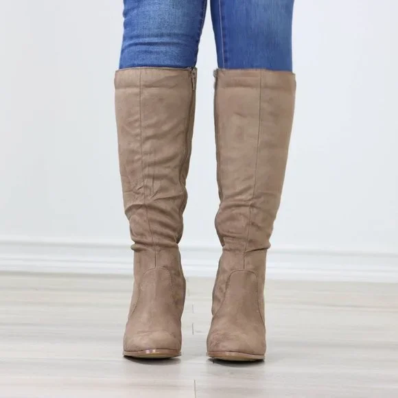 Tan Block Heeled Boots Below The Knee Faux Suede Pointed Toe Womens - Picture 9 of 14